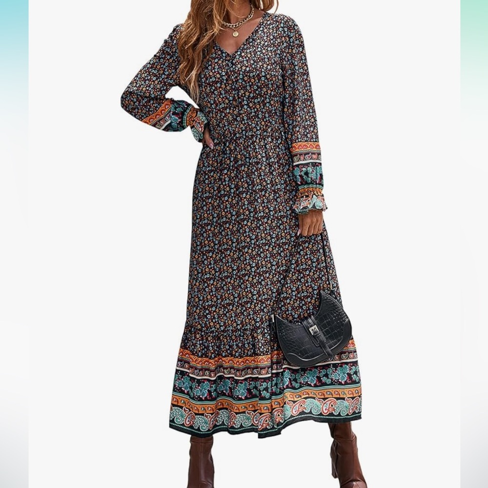 Pretty Garden Floral Paisley Ruffle Sleeve Boho Garden Fairy Maxi Dress Size L